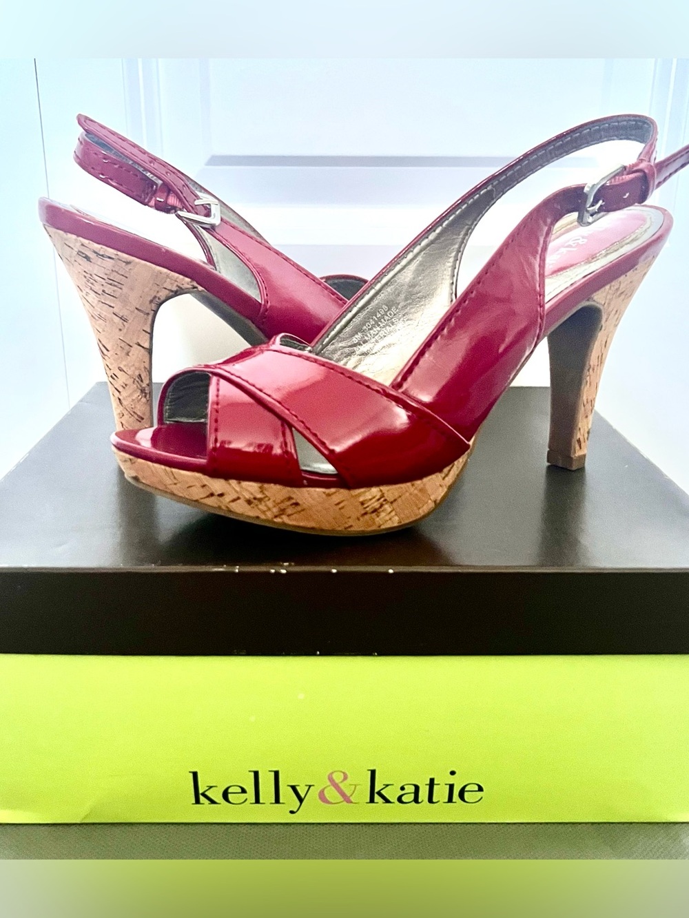 Kelly & Katie Red Patent Leather Peep Toe Cork-Platform Slingback Heels